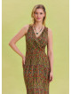 V Neck Slit Detail Patterned Green Long Dress 4455